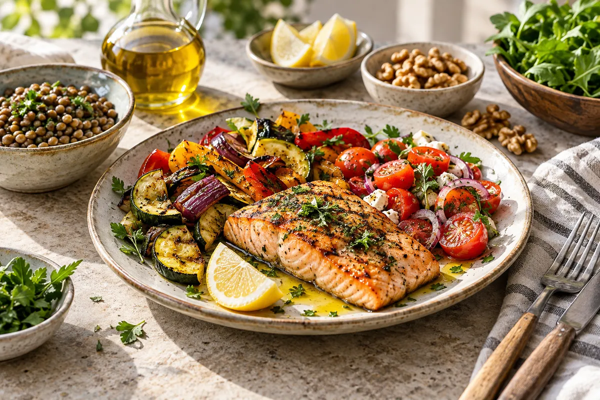 Illustrative Mediterranean meal with salmon, vegetables, lentils, walnuts and olive oil