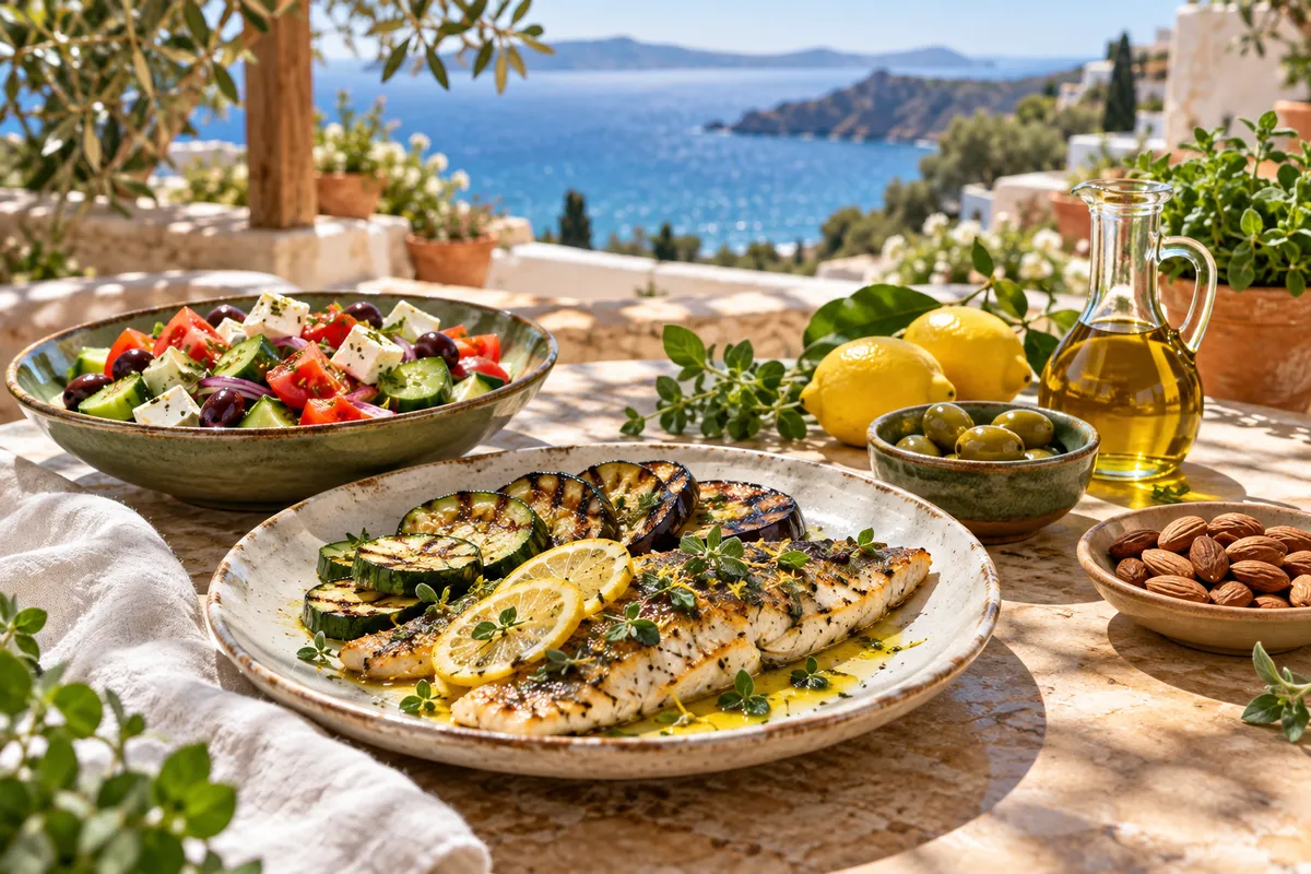 Illustrative Mediterranean table with grilled fish, vegetables, Greek salad, olives and olive oil